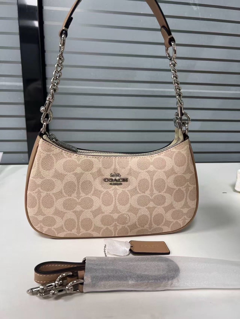 Coach Signature Canvas Shoulder Bag in Light Beige with Tan Trim